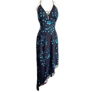 CACHE Vintage Asymmetrical Dress Embellished Glam Size Large Black Blue Y2K 90s